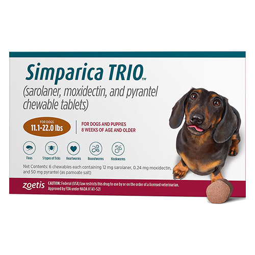 Simparica Trio For Dogs 11.1-22 Lbs (Caramel) 6 Chews Simparica Trio For Dogs 11.1-22 Lbs (Caramel) 6 Chews