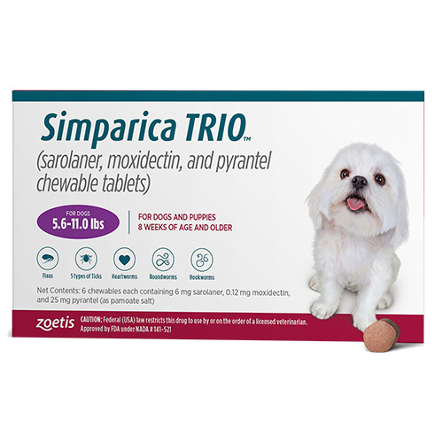 Simparica Trio For Dogs 5.6-11 Lbs (Purple) 12 Chews Simparica Trio For Dogs 5.6-11 Lbs (Purple) 12 Chews