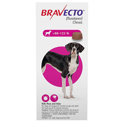 Bravecto For Extra Large Dogs 88-123lbs (Pink) 3 Chews Bravecto For Extra Large Dogs 88-123lbs (Pink) 3 Chews