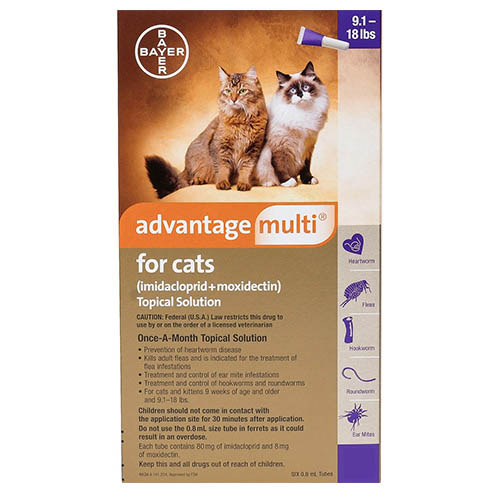 Advantage Multi for Cats is a topical, once-a-month treatment that protects against fleas, ear mites, heartworms, roundworms, hookworms and whipworms.